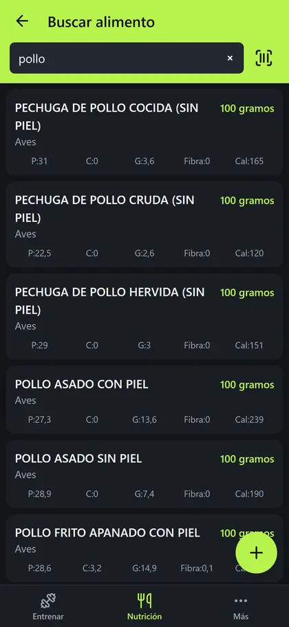 Buscador de alimentos con los resultados al escribir
