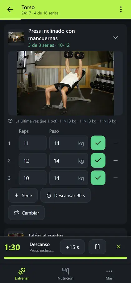 Descanso entre series, con la cuenta atrás