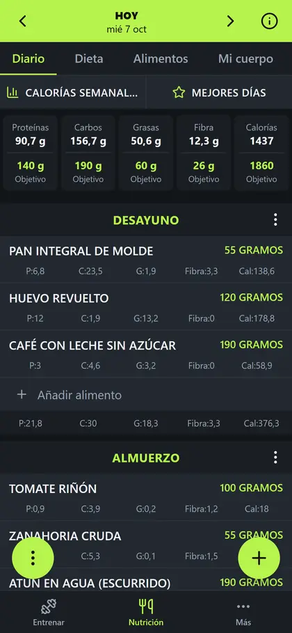 Diario del día con las calorías y los macros