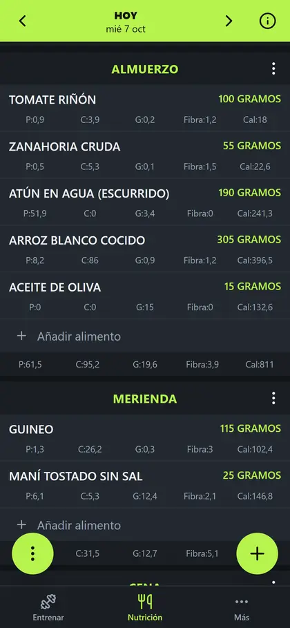 Comidas del día anotadas en el diario