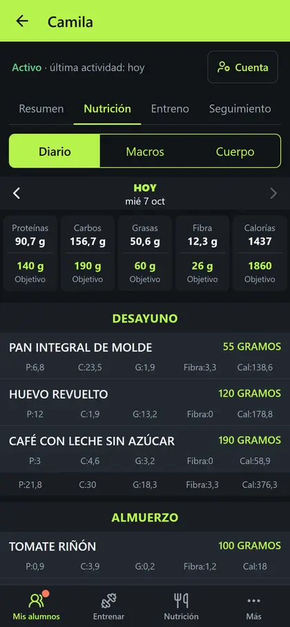 Ficha del alumno: su diario de comidas, comida por comida