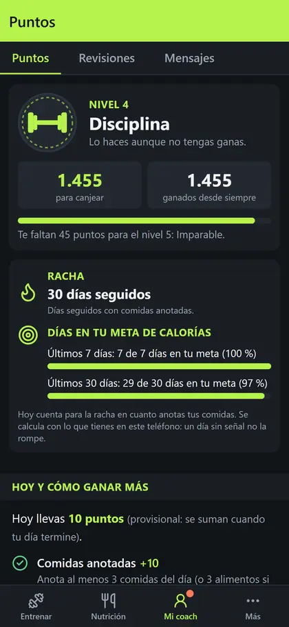 Puntos y racha de días cumplidos en la app