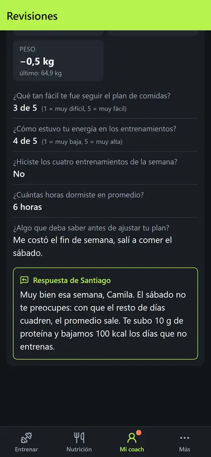 La respuesta del coach a la revisión semanal, vista por el alumno