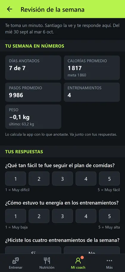La revisión semanal que contesta el alumno