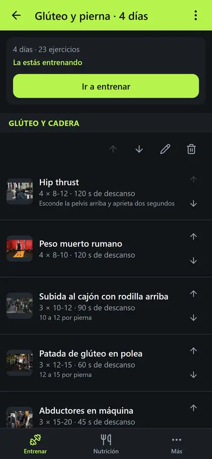 La rutina abierta, con sus días y los ejercicios de cada uno