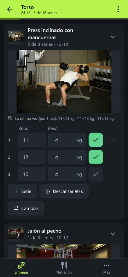 Entrenamiento del día, con las series marcadas