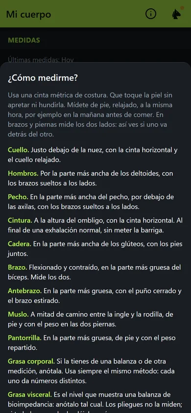 Guía de medidas de la app Motriz Fit: dónde medir cuello, hombros, pecho, cintura, cadera, brazo, antebrazo, muslo y pantorrilla con la cinta métrica