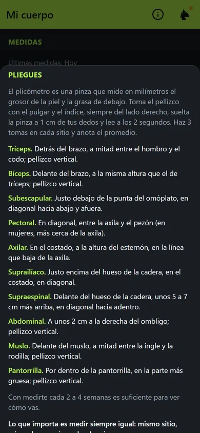 Guía de pliegues de la app Motriz Fit: dónde tomar los pliegues de tríceps, bíceps, subescapular, pectoral, axilar, suprailíaco, supraespinal, abdominal, muslo y pantorrilla
